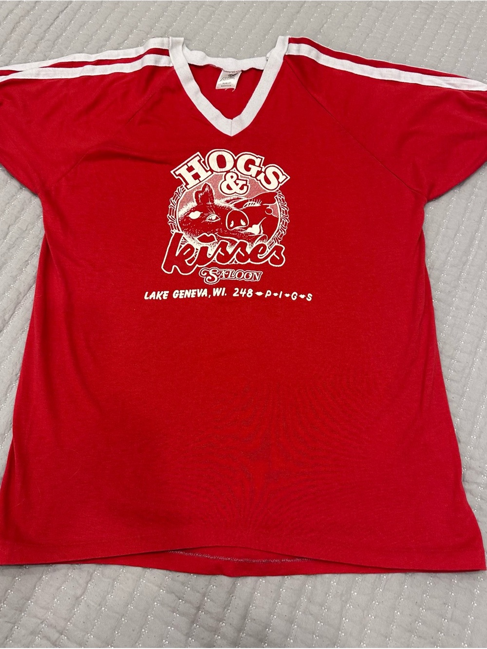 Vintage Red and White 'Hog's & Kisses' Short Sleeve V-Neck Tee 70’s